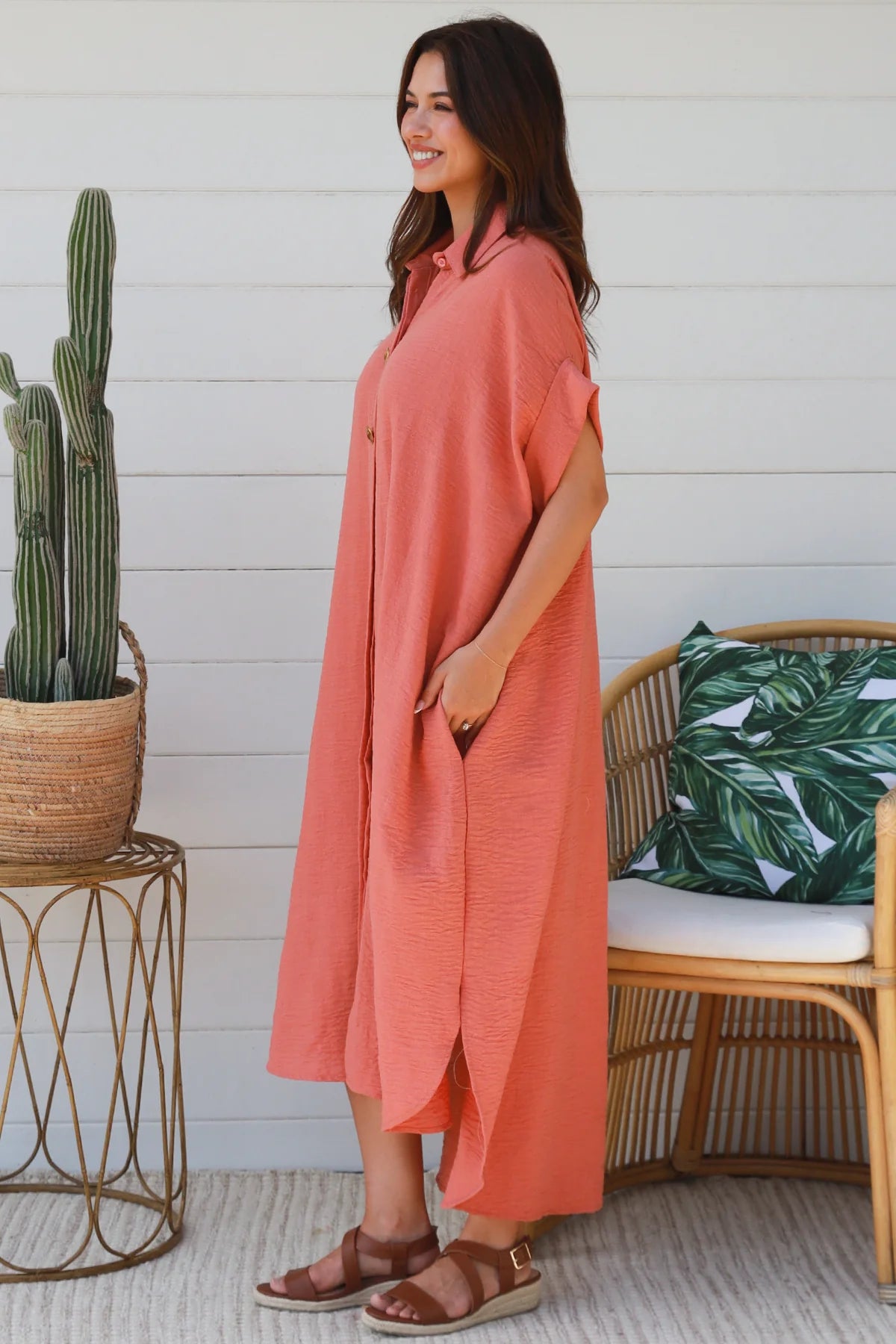 #Fae Button Down Shirt Dress With Gold Decorative Buttons