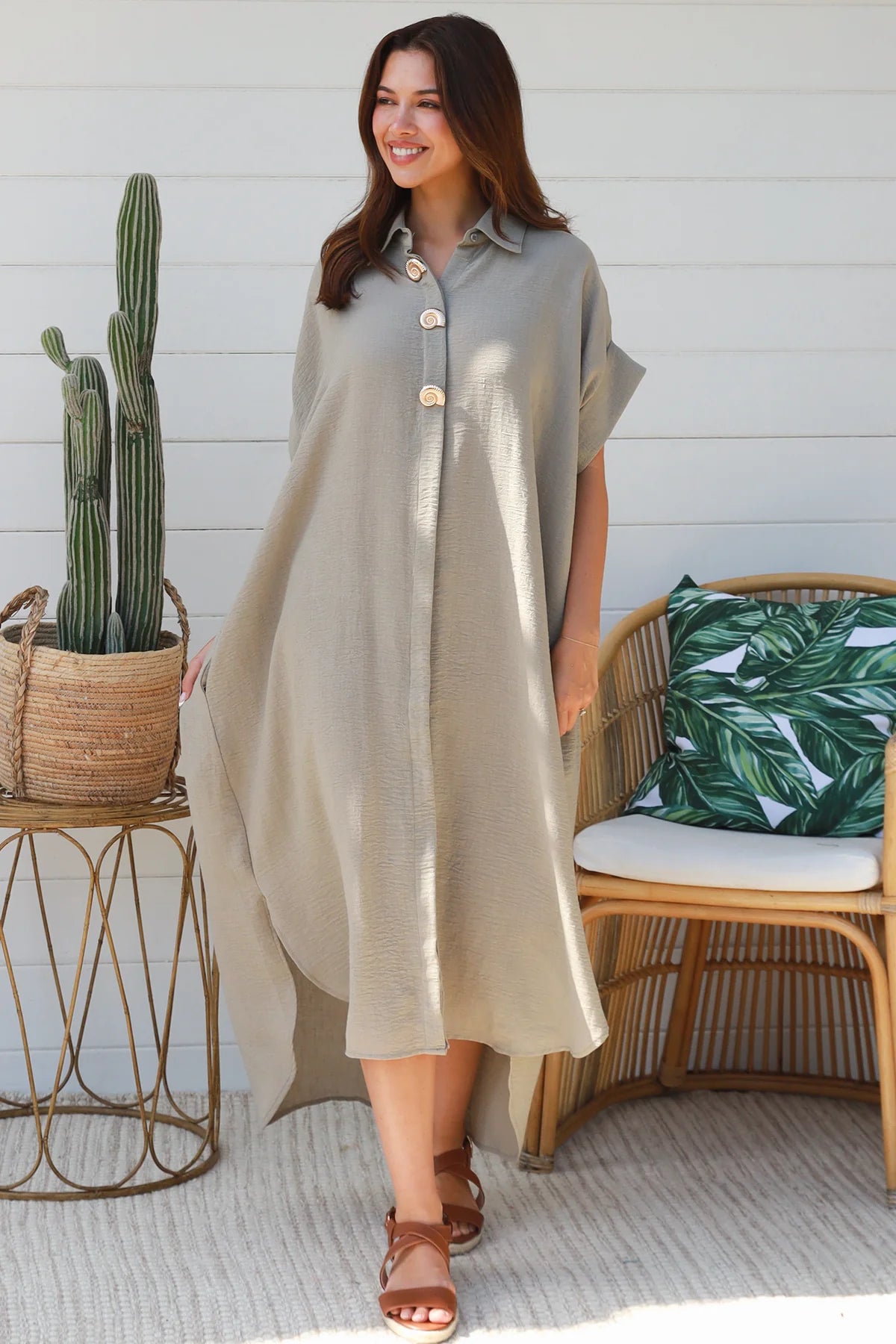 #Faye Button Down Shirt Dress With Decorative Shell Buttons