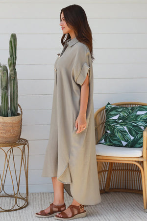 #Faye Button Down Shirt Dress With Decorative Shell Buttons