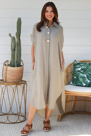 #Faye Button Down Shirt Dress With Decorative Shell Buttons
