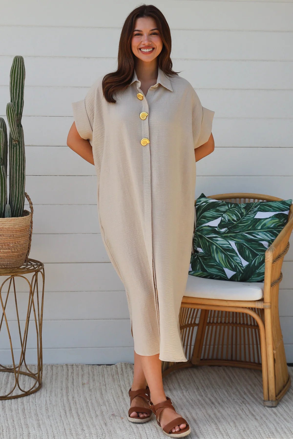 #Faye Button Down Shirt Dress With Decorative Shell Buttons