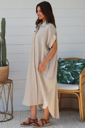 #Faye Button Down Shirt Dress With Decorative Shell Buttons