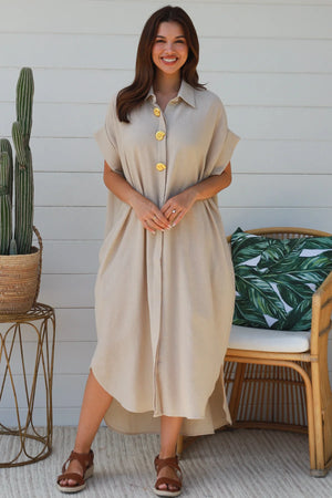 #Faye Button Down Shirt Dress With Decorative Shell Buttons