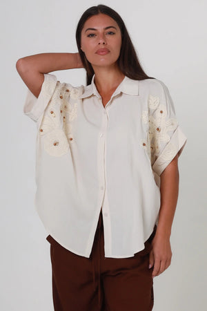 Tia Button Up Beaded Batwing Top