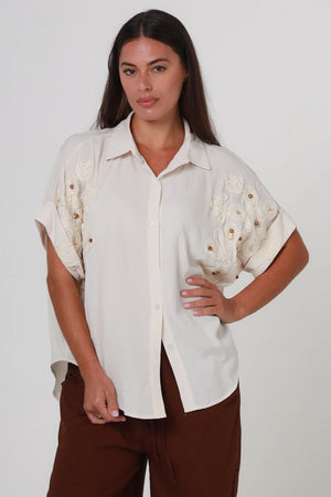 Tia Button Up Beaded Batwing Top