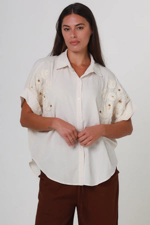 Tia Button Up Beaded Batwing Top