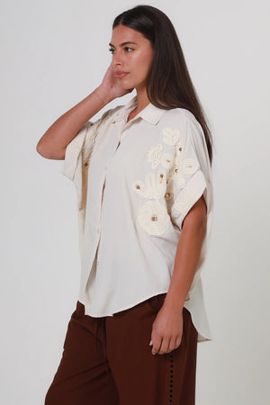 Tia Button Up Beaded Batwing Top