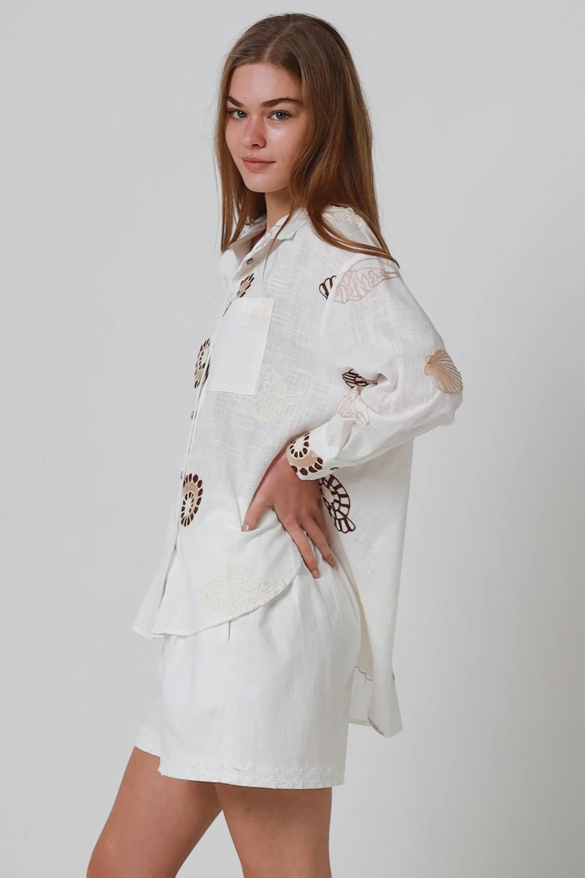 Seaside Embroidered Button Up Long Sleeve Shirt