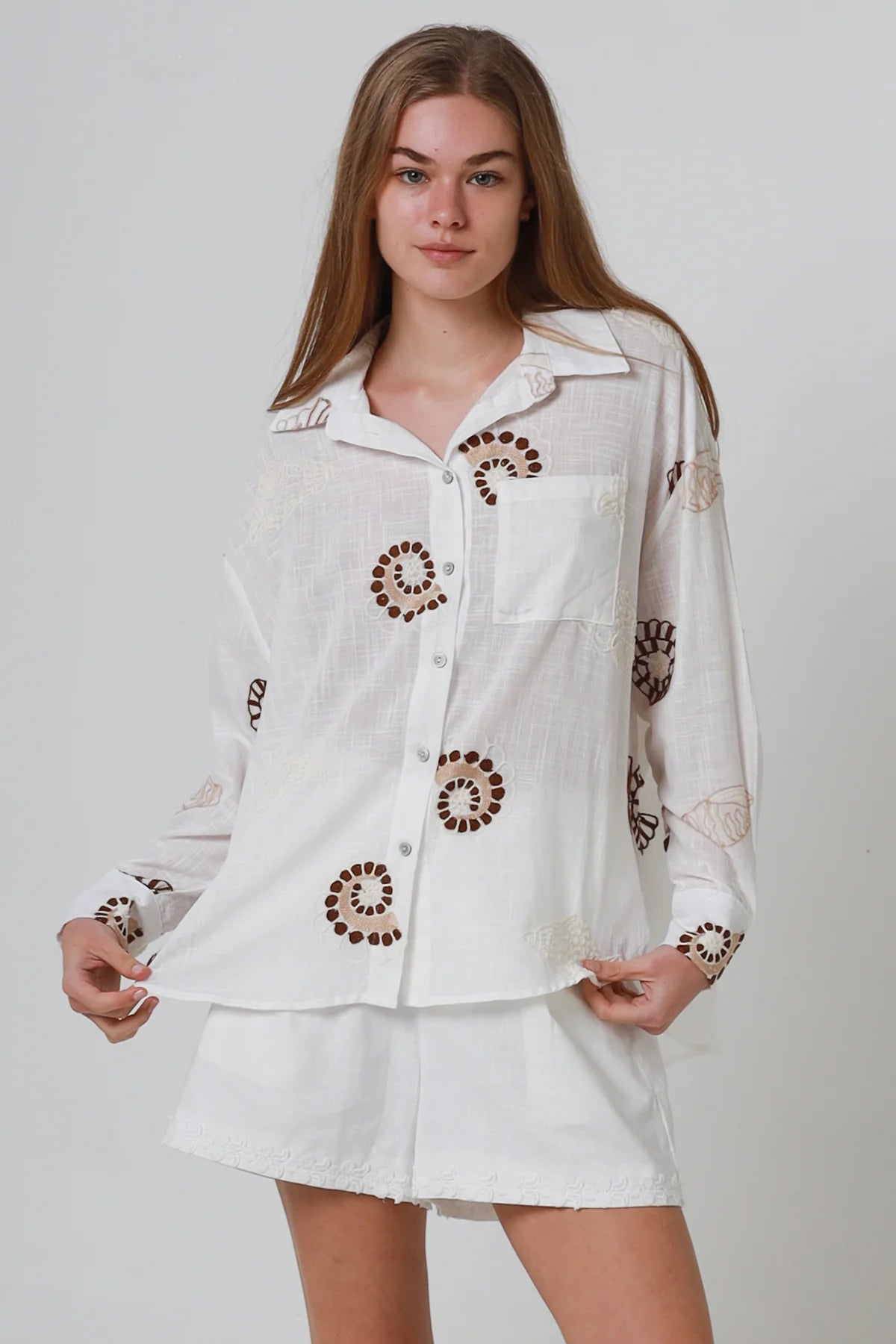 Seaside Embroidered Button Up Long Sleeve Shirt