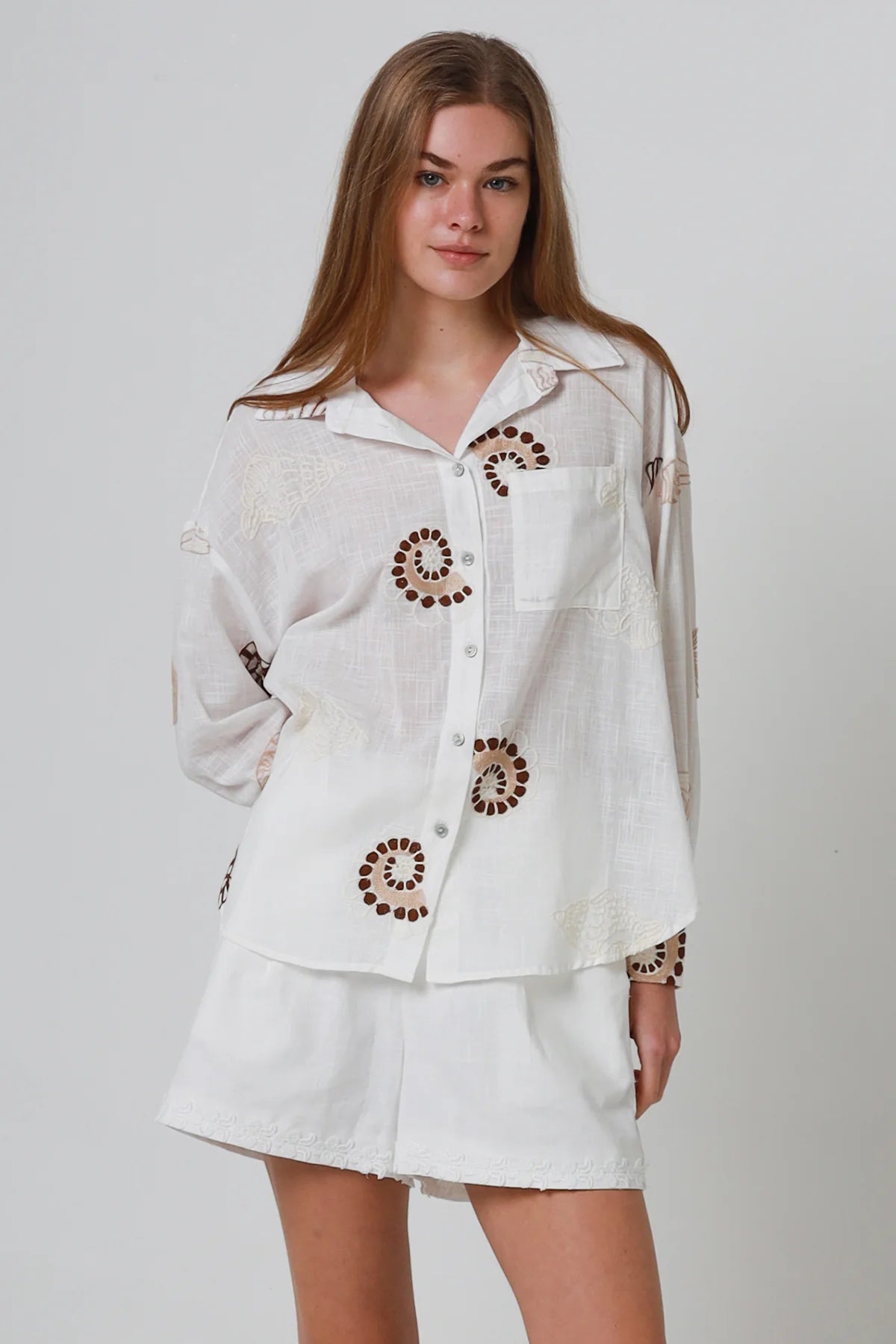 Seaside Embroidered Button Up Long Sleeve Shirt