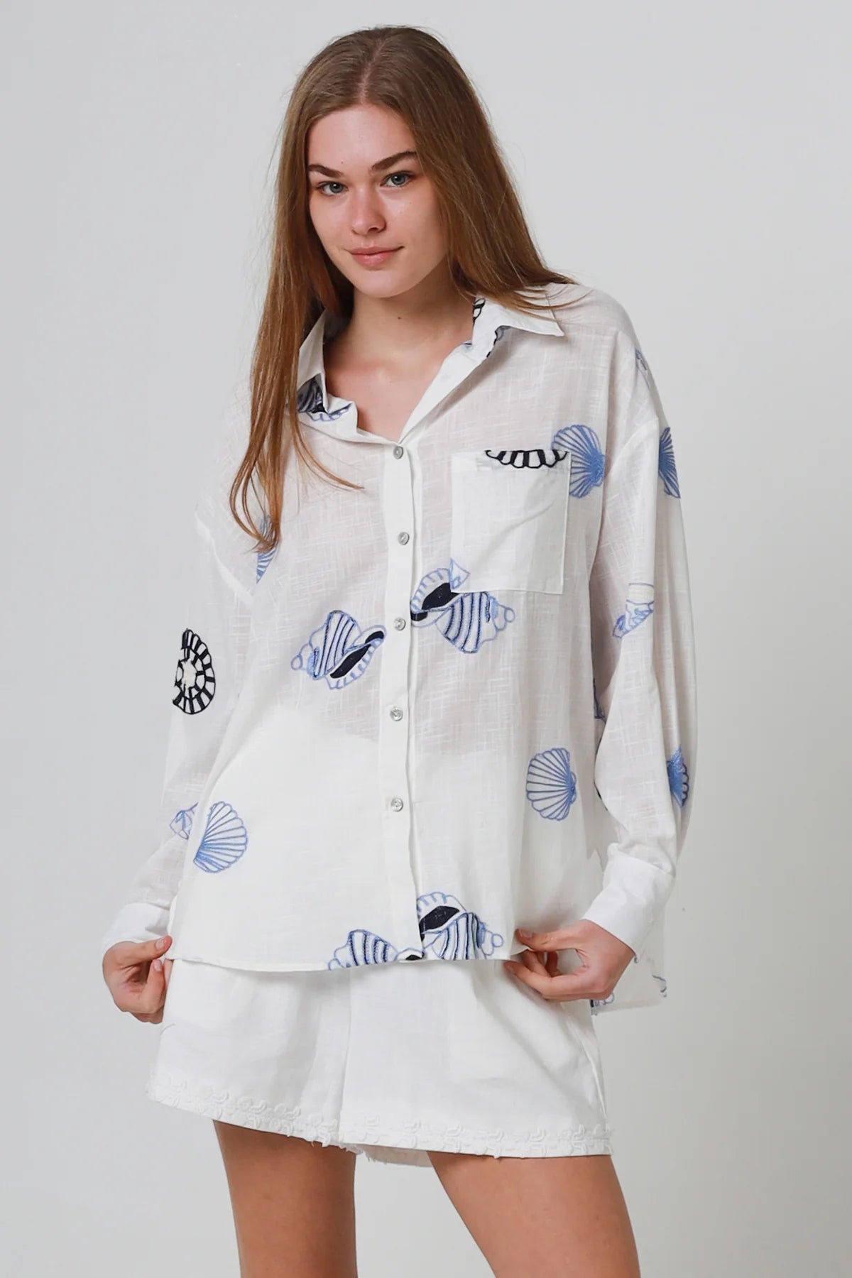 Seaside Embroidered Button Up Long Sleeve Shirt