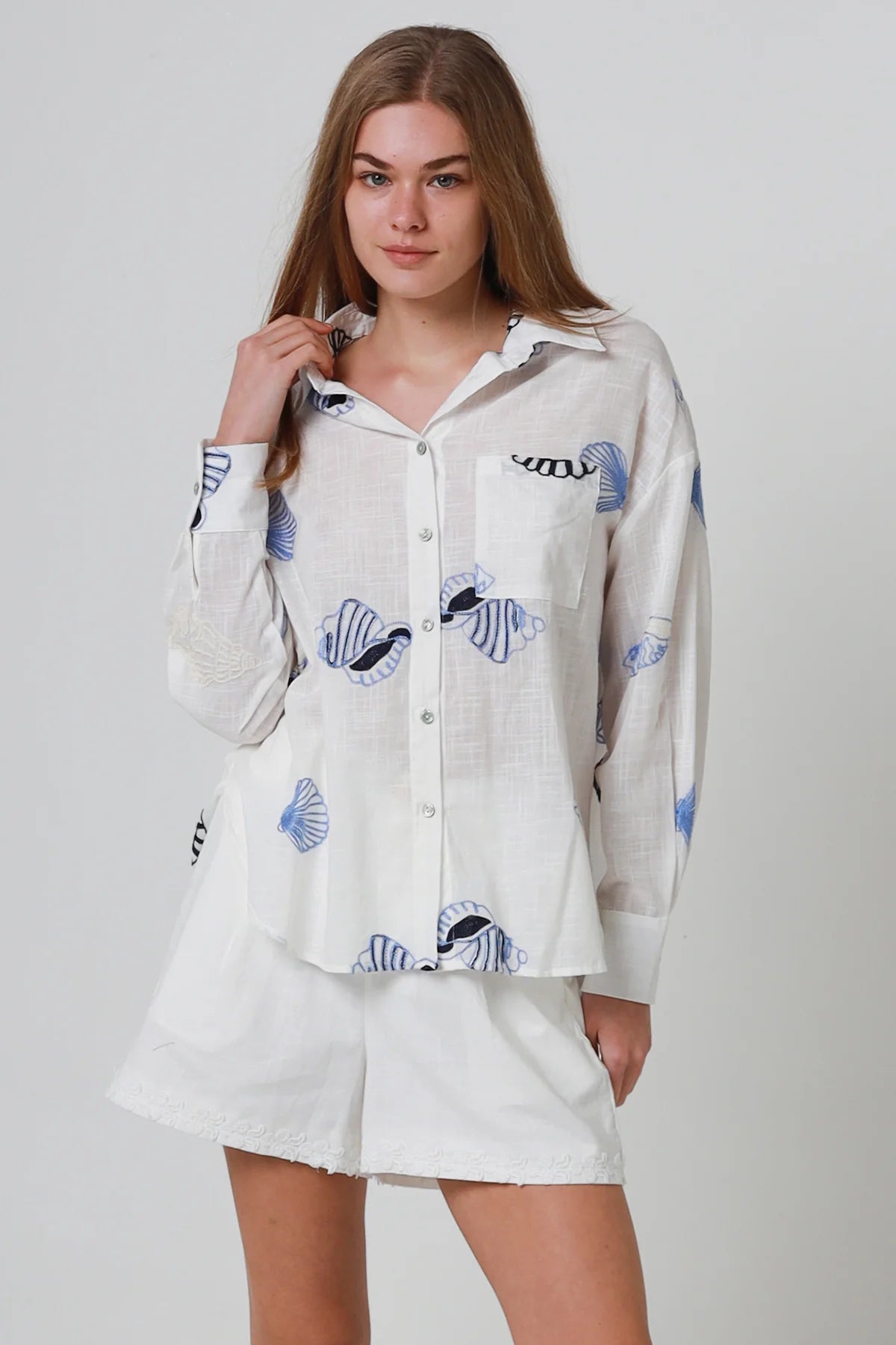 Seaside Embroidered Button Up Long Sleeve Shirt