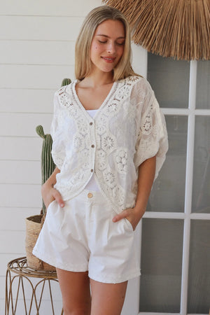 Celeste Button Up Crochet Batwing Top
