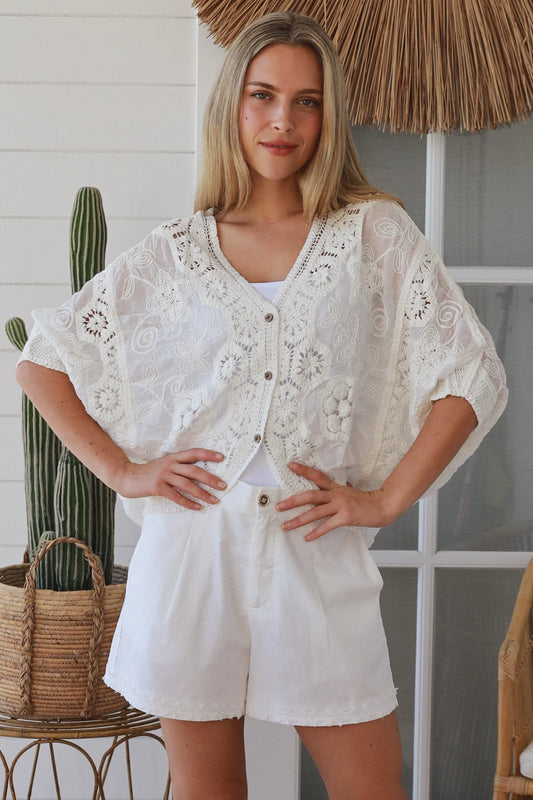 Celeste Button Up Crochet Batwing Top