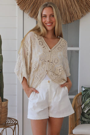 Celeste Button Up Crochet Batwing Top