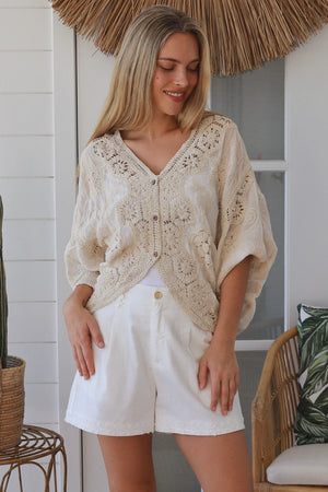 Celeste Button Up Crochet Batwing Top