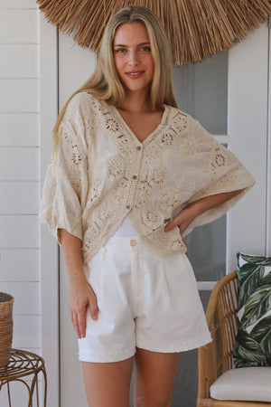 Celeste Button Up Crochet Batwing Top
