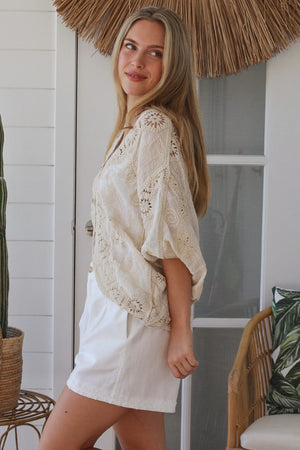 Celeste Button Up Crochet Batwing Top