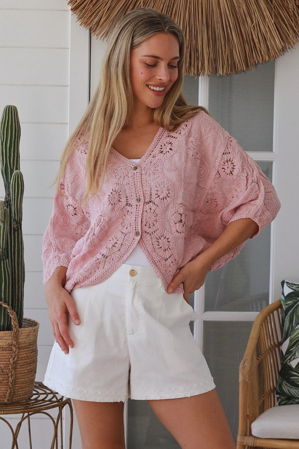 Celeste Button Up Crochet Batwing Top