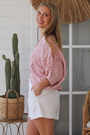 Celeste Button Up Crochet Batwing Top