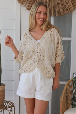 Cecila Button Up Crochet Batwing Top