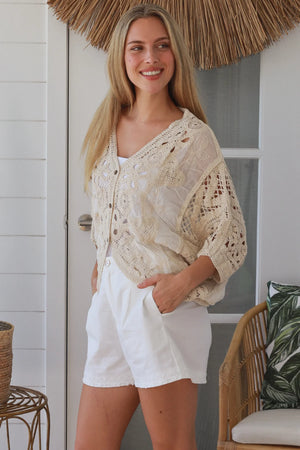 Cecila Button Up Crochet Batwing Top