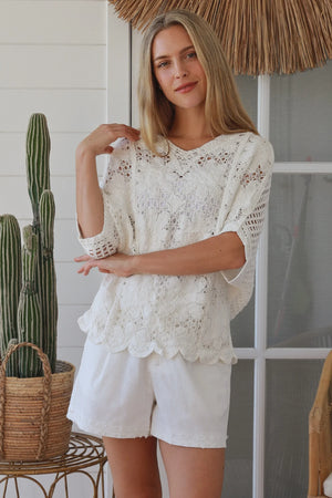 Daisy Crochet Batwing V-neck Top