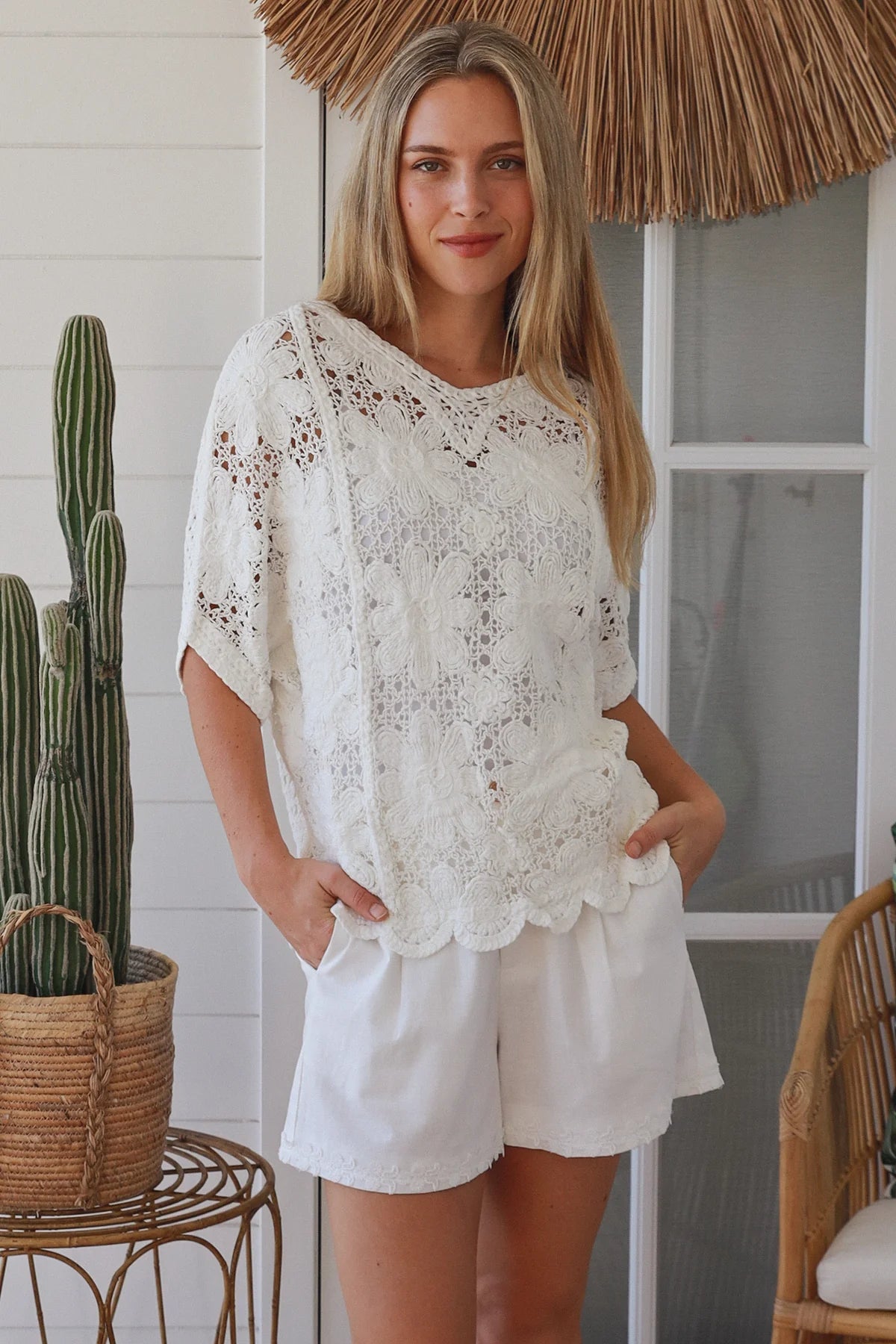 Daisy Crochet Batwing V-neck Top