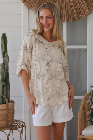 Daisy Crochet Batwing V-neck Top