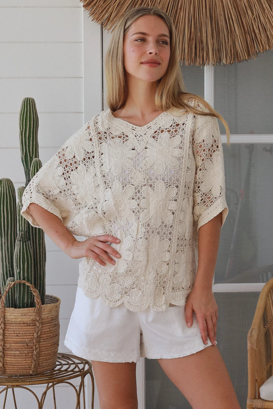 Daisy Crochet Batwing V-neck Top