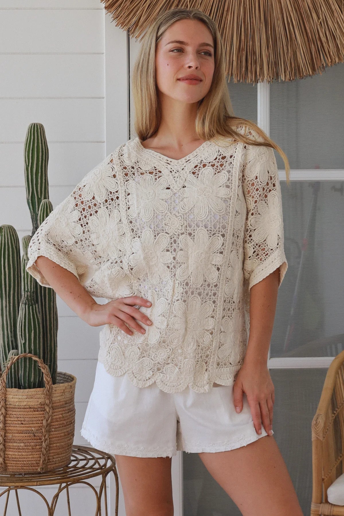 Daisy Crochet Batwing V-neck Top