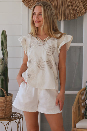 Floral Palm Embroidered Cap Sleeve Top