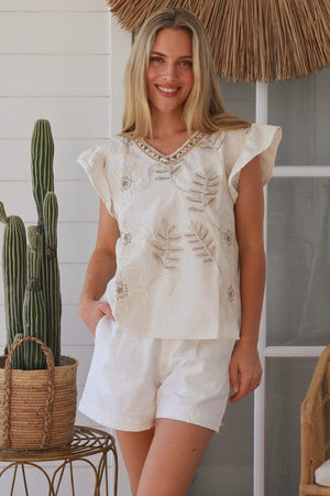 Floral Palm Embroidered Cap Sleeve Top