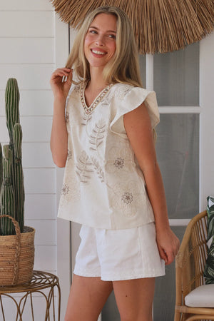 Floral Palm Embroidered Cap Sleeve Top