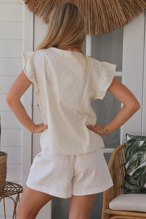 Floral Palm Embroidered Cap Sleeve Top