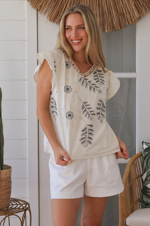 Floral Palm Embroidered Cap Sleeve Top