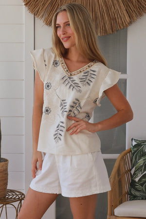 Floral Palm Embroidered Cap Sleeve Top