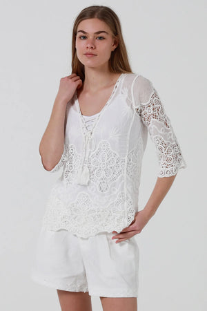 Ceda 3/4 Sleeve Crochet Blouse
