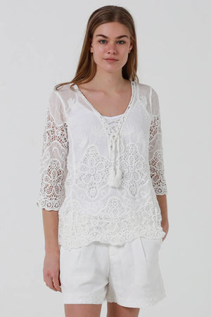 Ceda 3/4 Sleeve Crochet Blouse