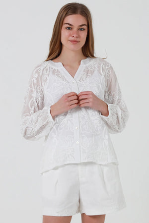 Dainty Floral Embroidered Long Sleeve Shirt