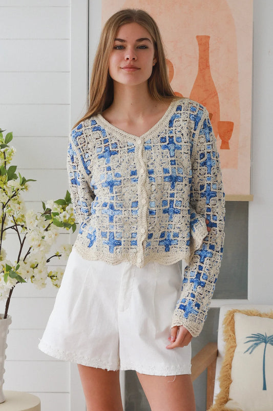 Lydia Cropped Crochet Button Up Cardigan
