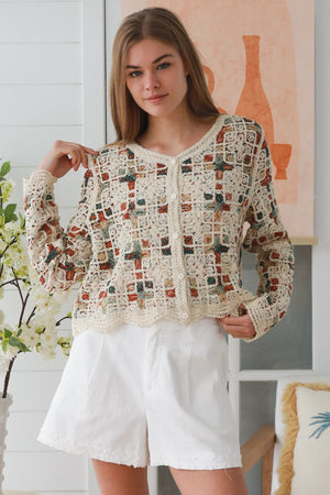 Lydia Cropped Crochet Button Up Cardigan