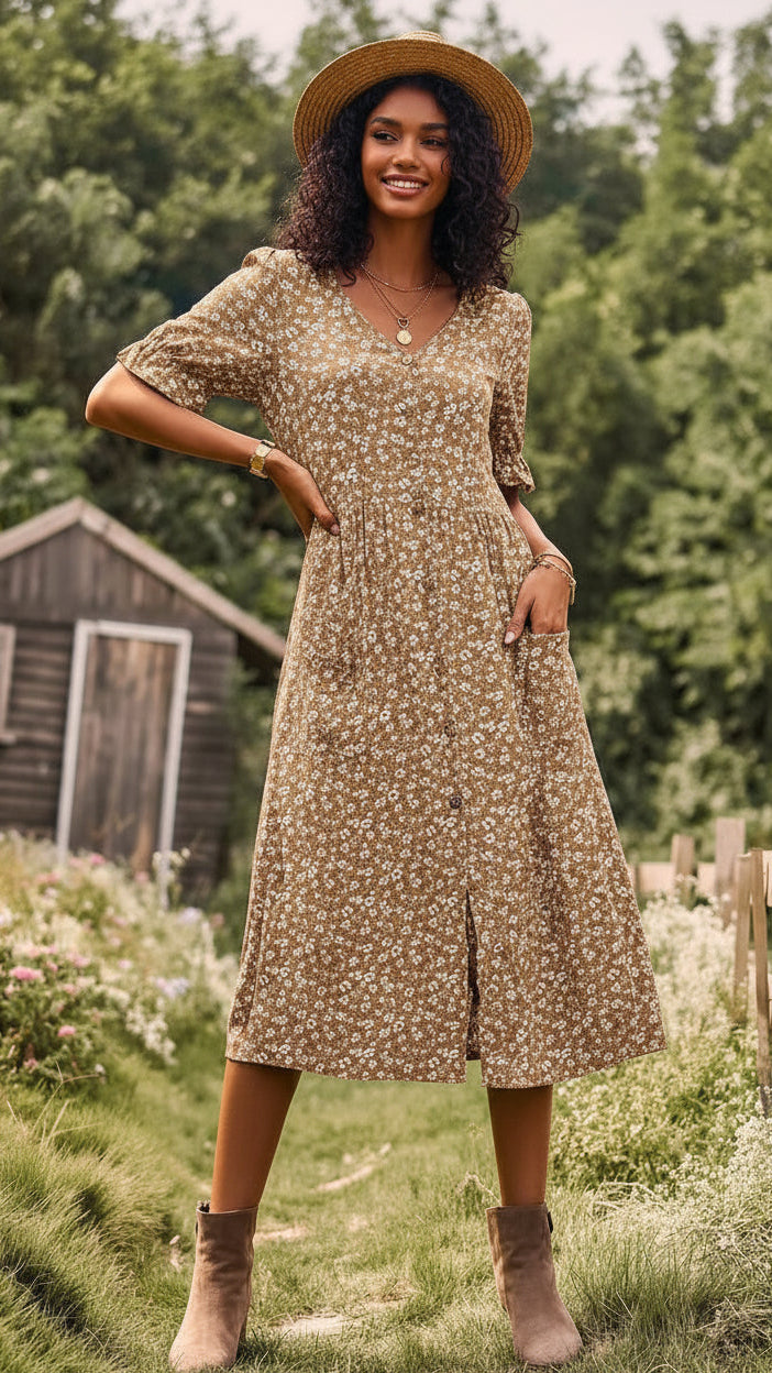 #Ditsy Print Pocket Front Midi Dress