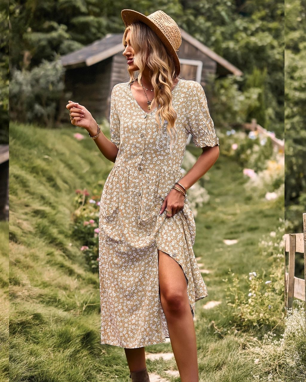 #Ditsy Print Pocket Front Midi Dress