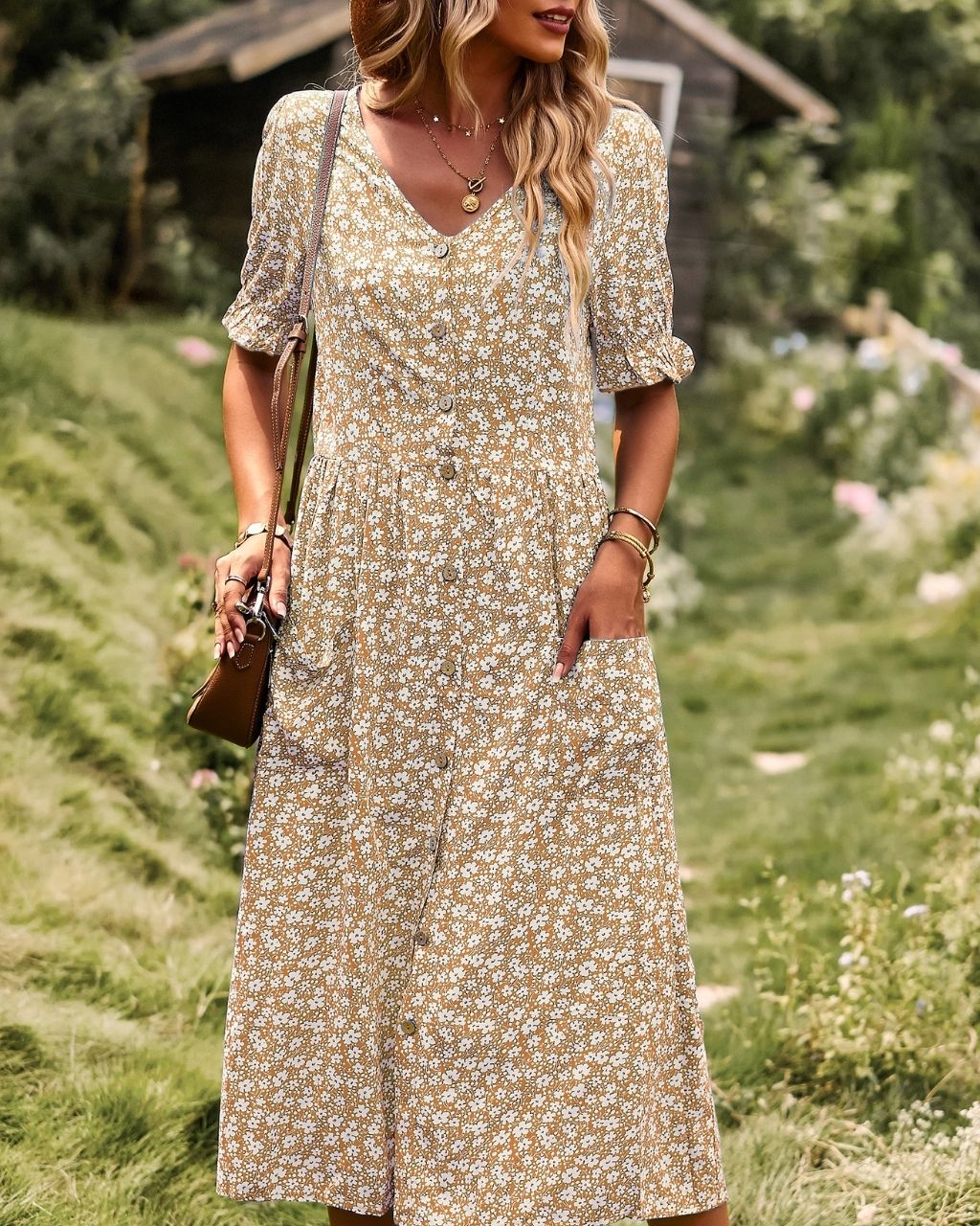 DITSY PRINT POCKET FRONT MIDI DRESS