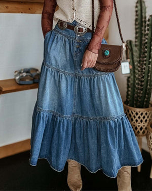 #Button Front Denim Maxi Skirt