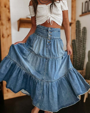 #Button Front Denim Maxi Skirt