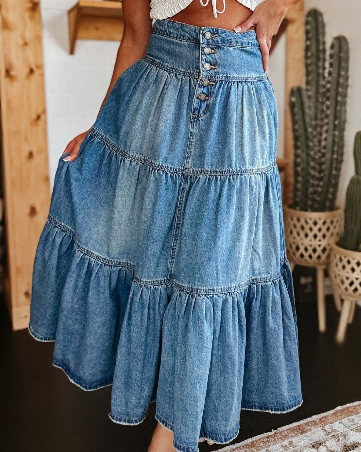 #Button Front Denim Maxi Skirt