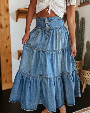 #Button Front Denim Maxi Skirt