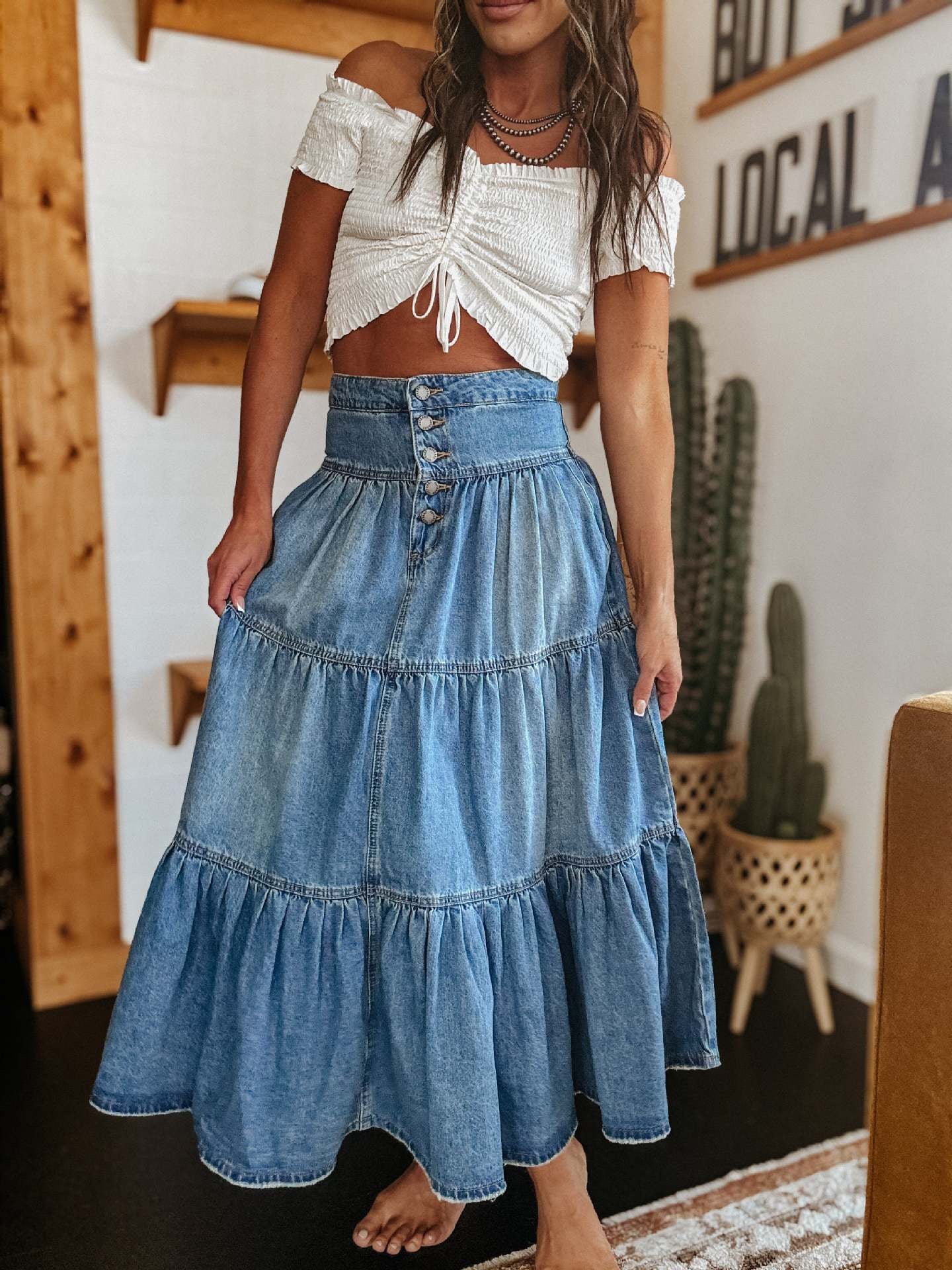 #Button Up Tiered Denim Maxi Skirt